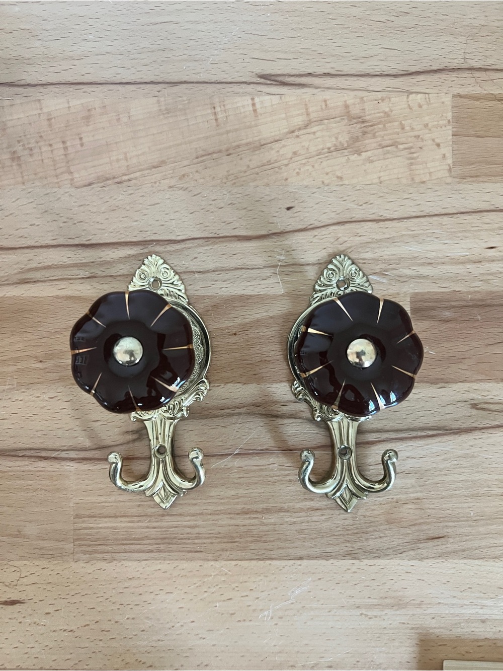 Rare Ornate Brown Glass and Metal Flower Wall Hooks with Gold Finish - Set of 2